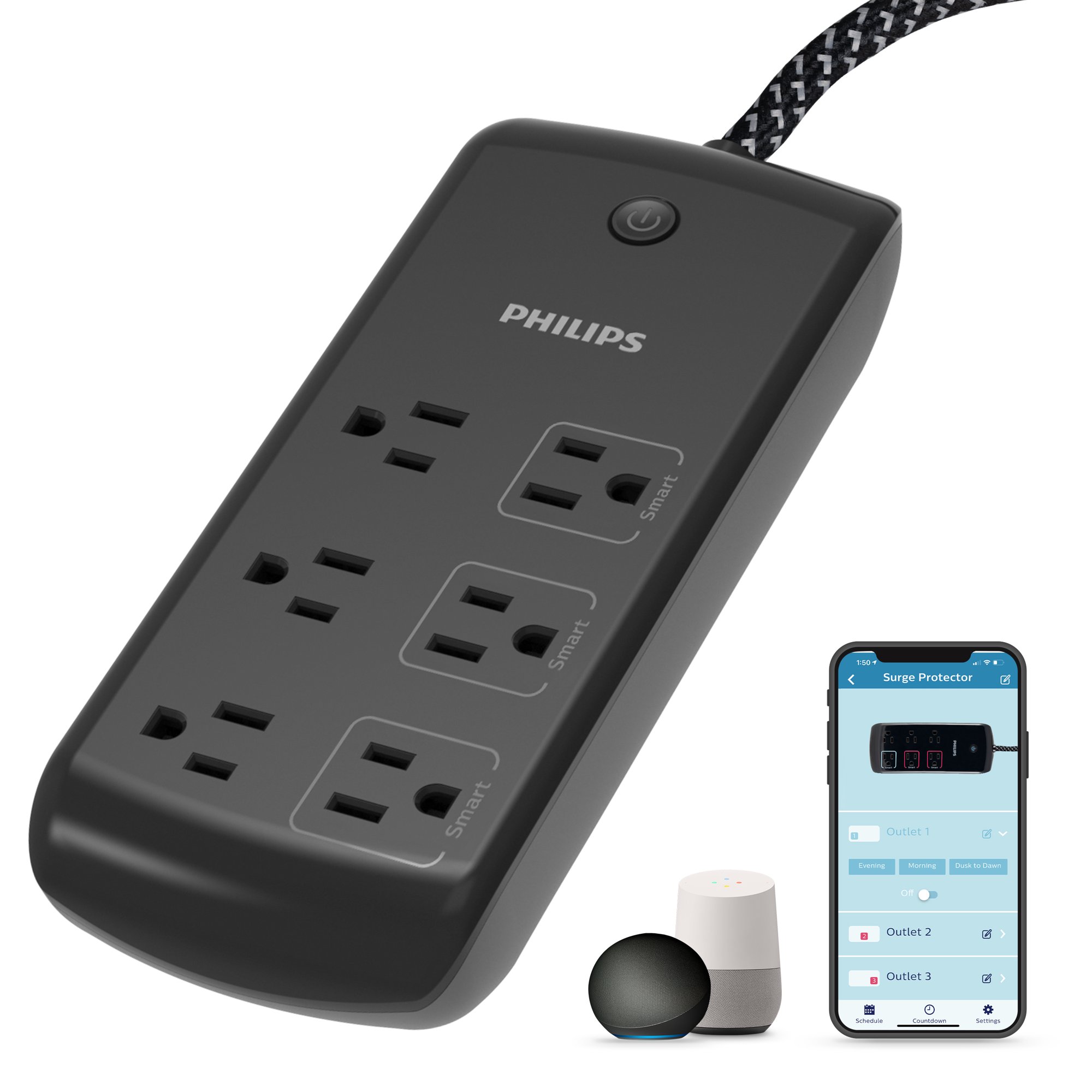 Philips Smart Plug 6-Outlet Surge Protector. 1080J 8ft.. Black