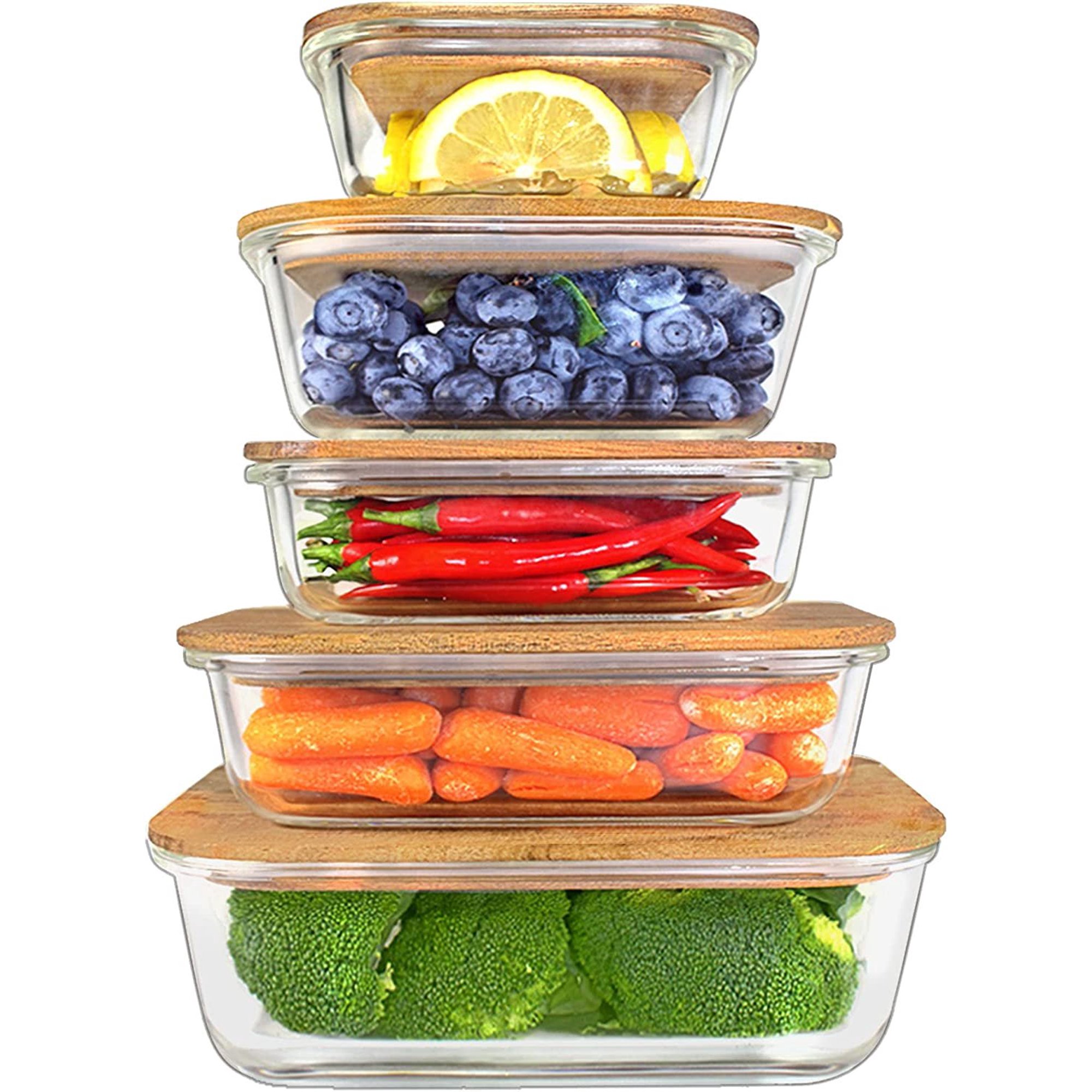 Urban Green Glass Food Storage Container with Wood Lid. 5 Packs