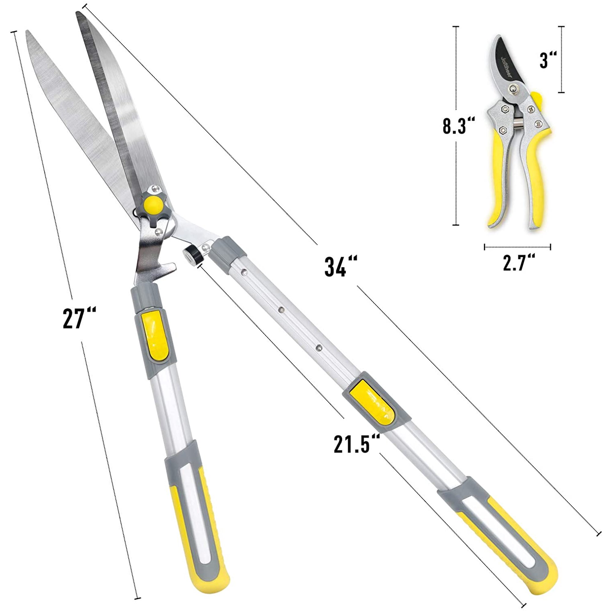 Jardineer Extendable Hedge Shear Set 2Pcs. 34'' Hedge Clippers & 8.3'' Pruners
