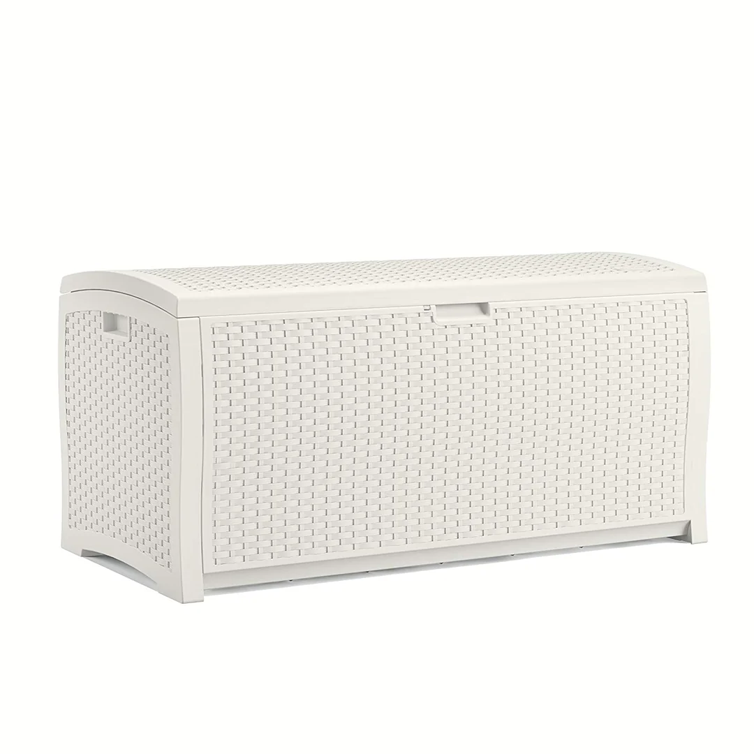 Suncast 99 Gallon Heavy Duty Resin Wicker Horizontal Outdoor Deck Box. White