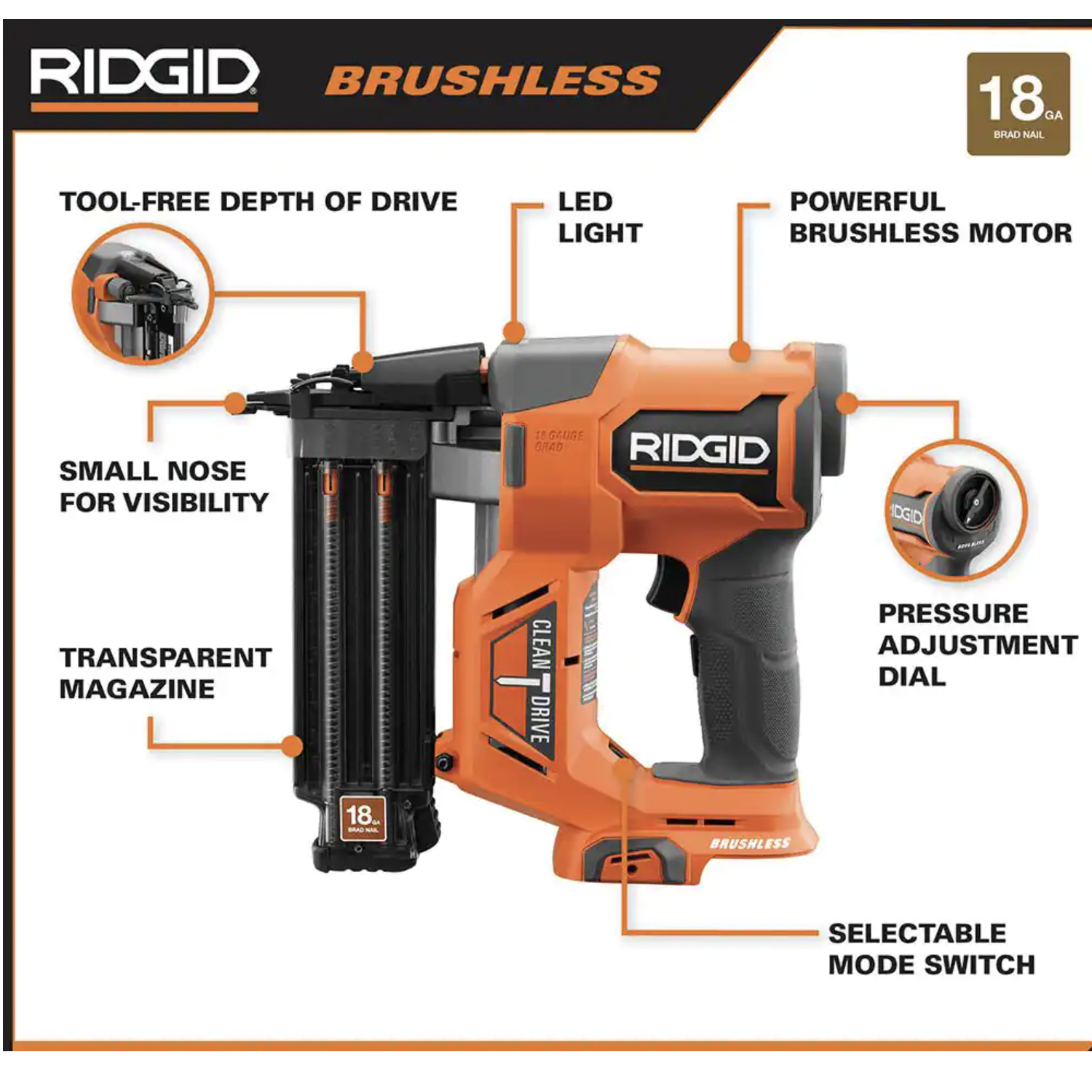 Ridgid 18V Brushless Cordless 18-Gauge 2-1/8 in. Brad Nailer with 18V Cordless 5 in. Random Orbit Sander. Tools Only (R09891B-R8606B)