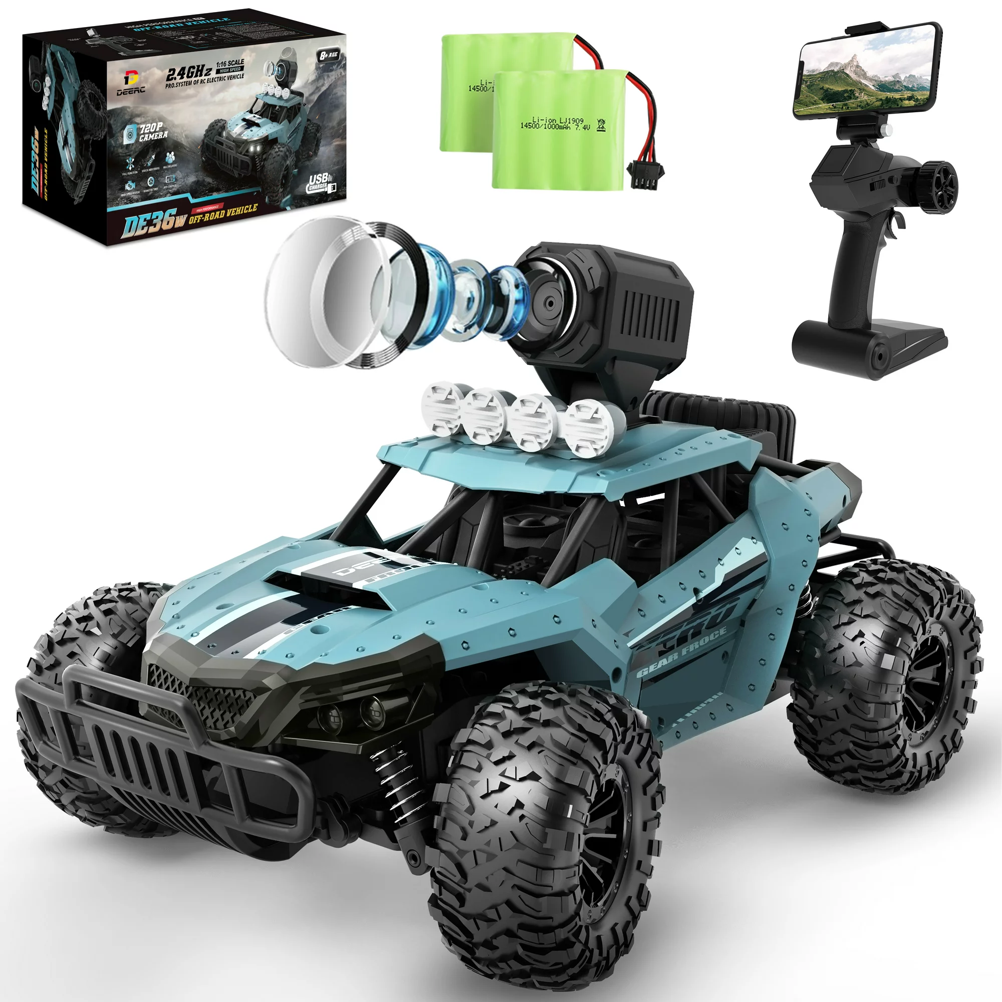 Deerc Car DE36W 720P FPV Camera 1:16 Scale Off-Road Remote Control Truck. Toy Gifts for Kids. Adults