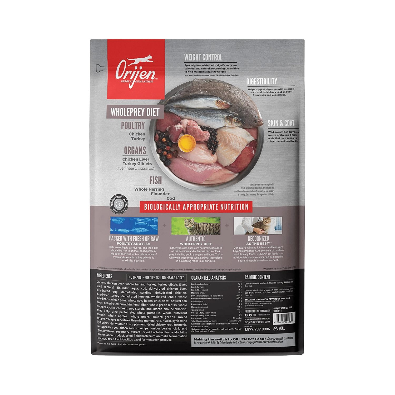 Orijen Grain Free Fit & Trim Support Healthy Weight Fresh & Raw Animal Ingredients Dry Cat Food. 12 lbs