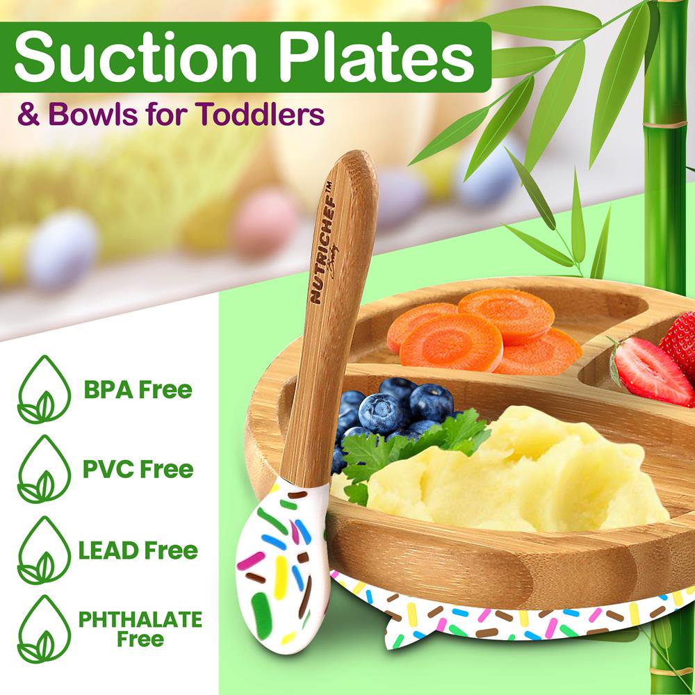 NutriChef Baby Bamboo Dinnerware Set - 3 Partition Wooden Toddler Plate. Bowl. Cup & Spoon w/ Silicone Suction Base. Sparkle