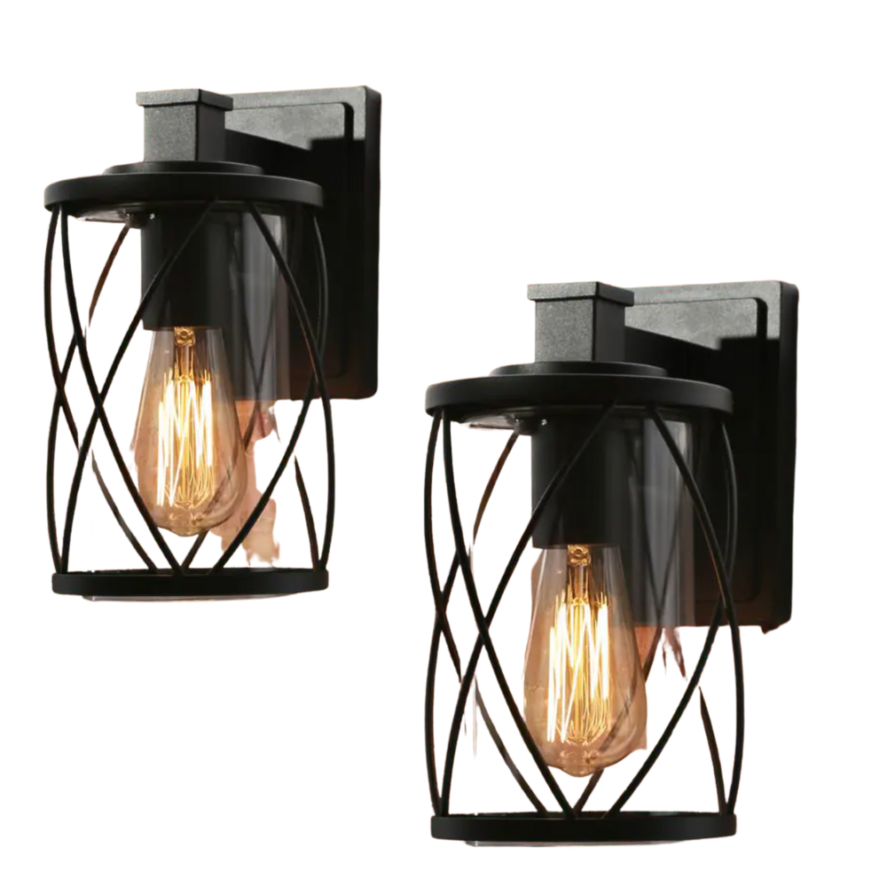 Uolfin Modern Drum Outdoor Wall Light TORA 1-Light Matte Black Outdoor Cage Wall Lantern with Clear Glass Shade (2-Pack)