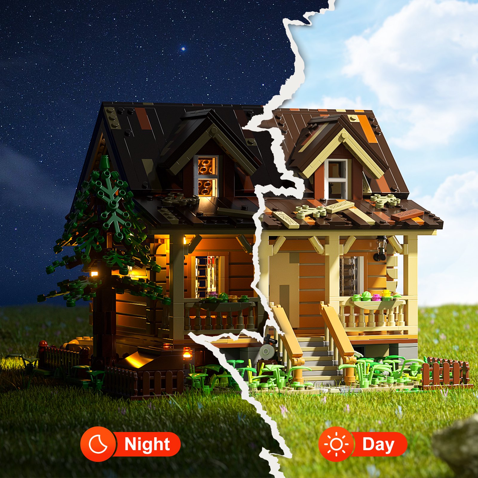 FunWhole Wood Cabin Building Set with LED Lights - Construction Building Model Set. 2097 PCS