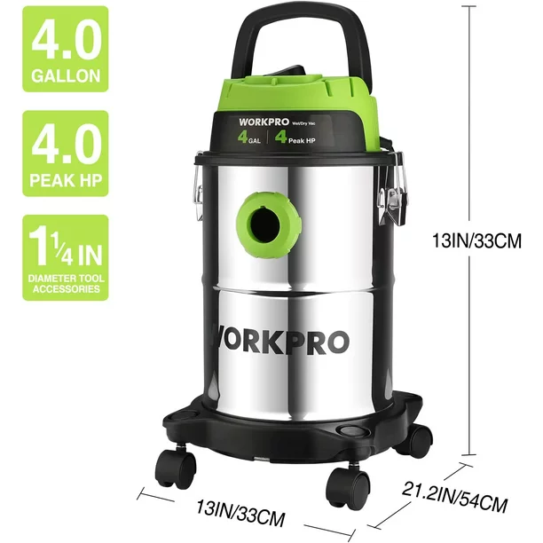 Workpro 4 Gallon Wet/Dry Vacuum. 4 Peak HP Shop Vac Cleaner With HEPA Filter. Hose And Accessories