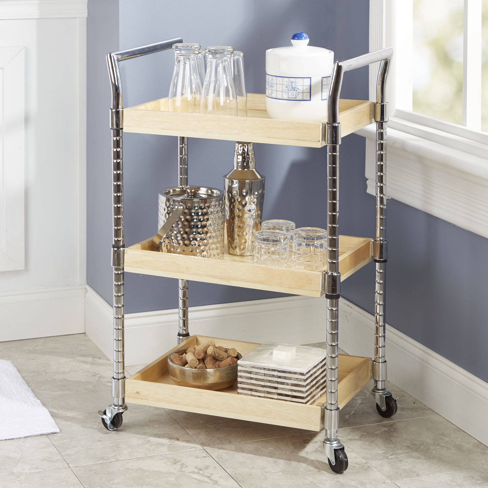 Mainstays Multi-Purpose Wood Cart. Natural Finish with Chrome Handles