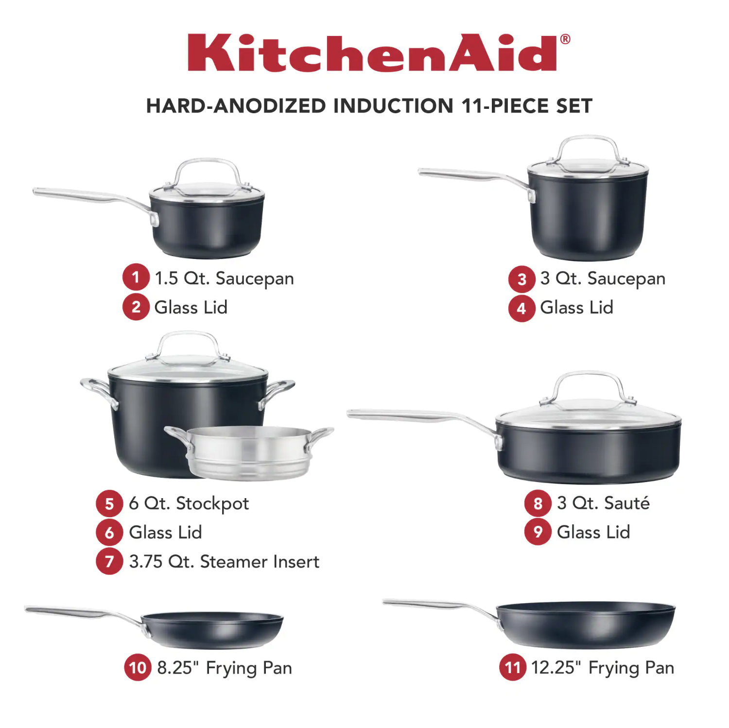 KitchenAid 11-Piece Hard Anodized Aluminum Nonstick Cookware Se. Black Matte