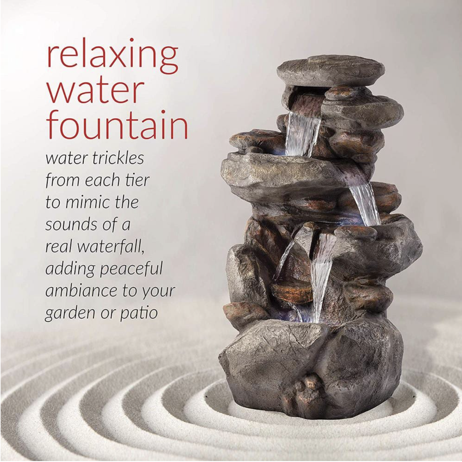 Alpine Corporation 40 in. Tall Outdoor 4-Tier Rock Water Fountain with LED Lights