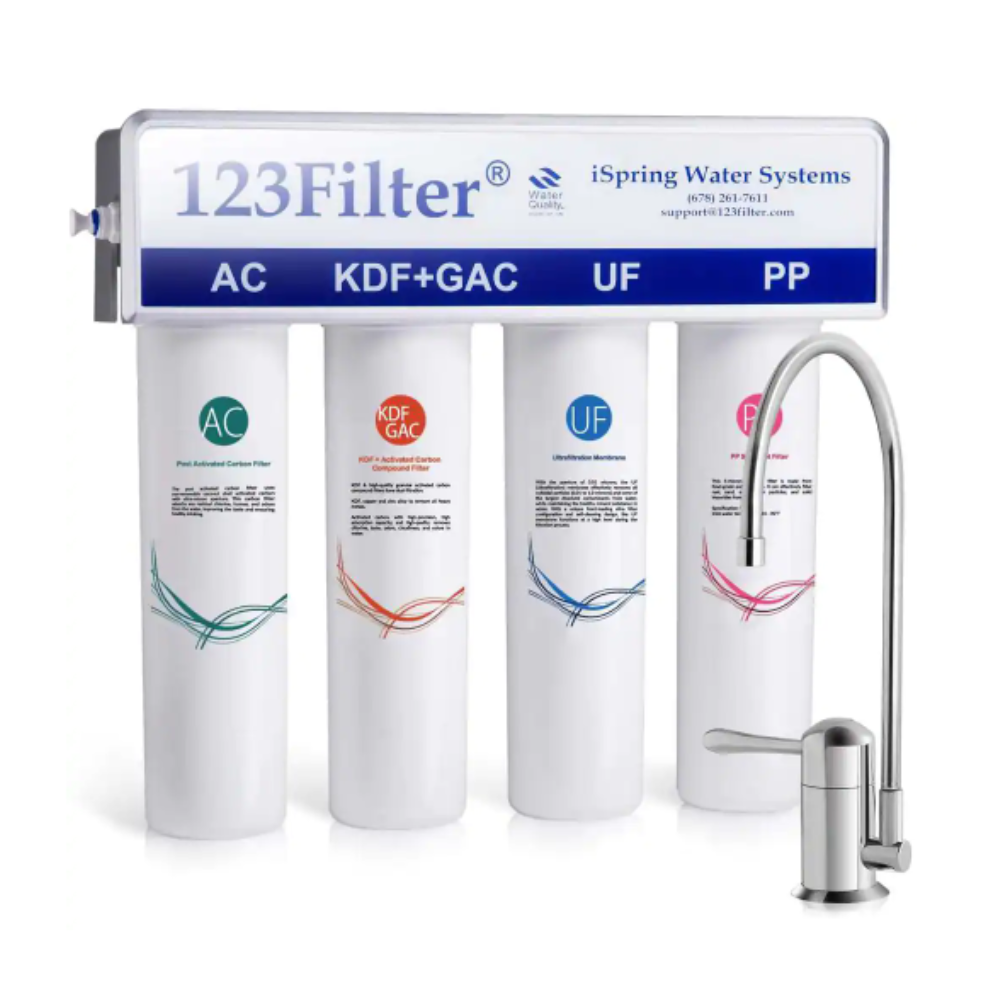 iSpring 4-Stage 0.1 Micron Ultra-Filtration Under Sink / Inline Water Filtration System with No-Pressure Chrome Faucet