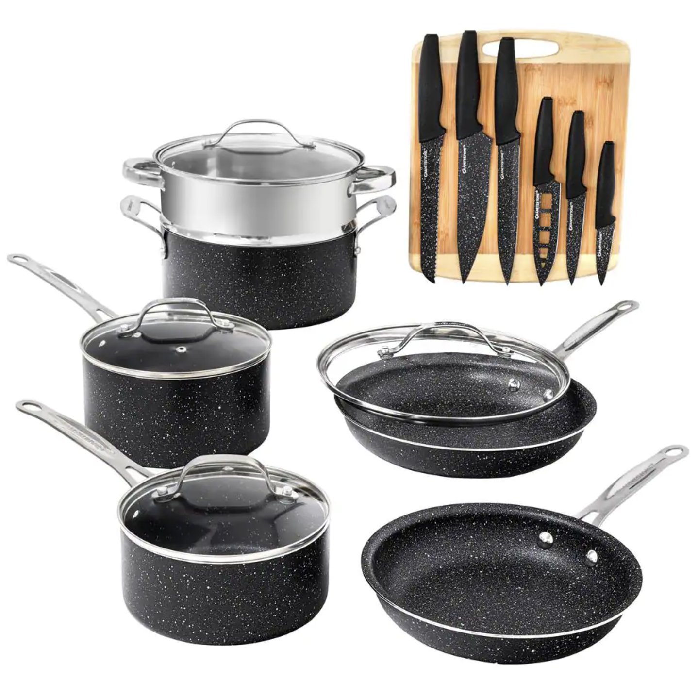 Granite Stone Diamond 17-Piece Aluminum Ultra-Durable Nonstick Diamond Infused Knives and Cookware Set with Cutting Board. Black