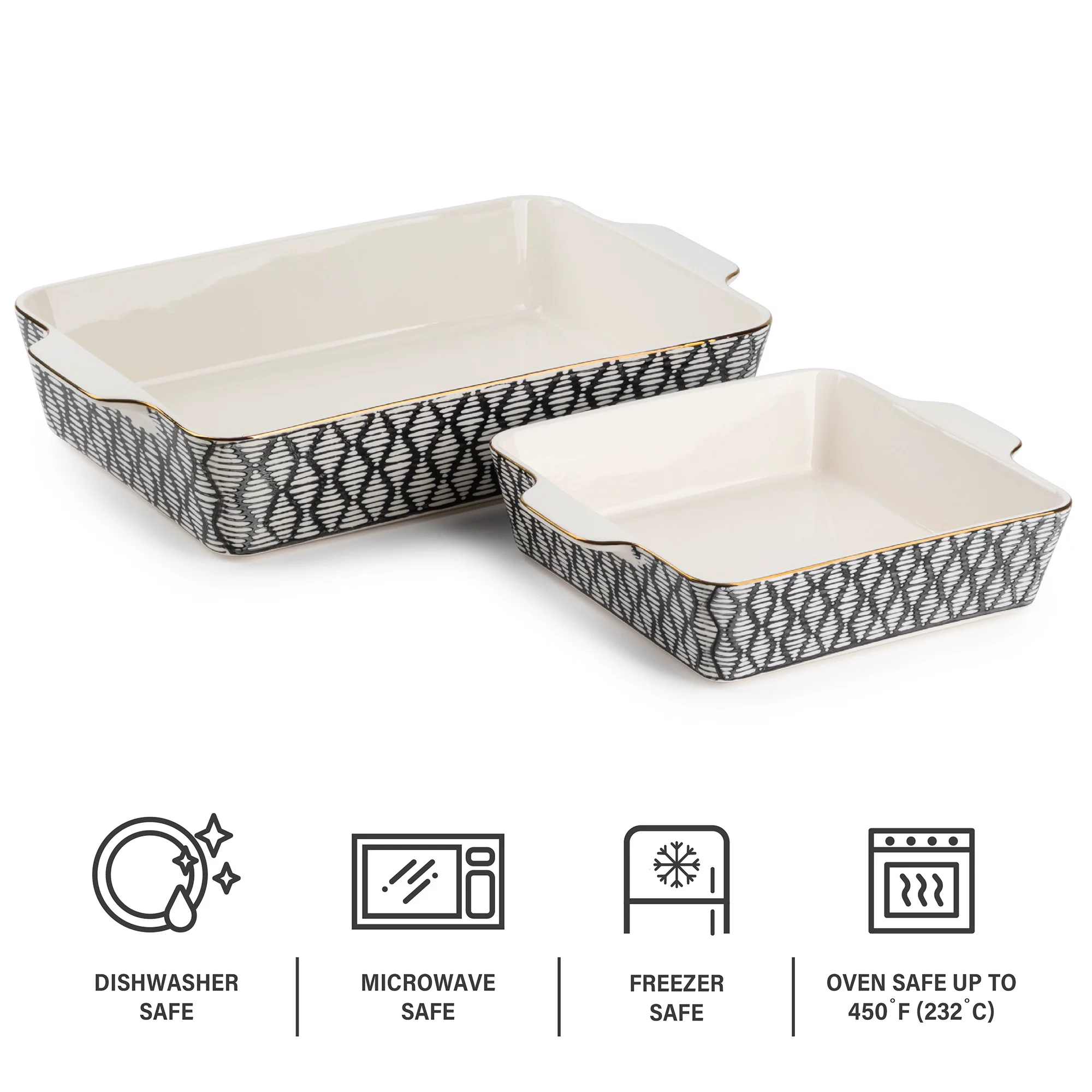 Thyme & Table 2-Piece Set Stoneware Square & Rectangular Baker. Black & White Geo