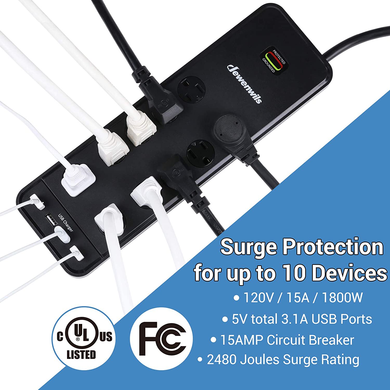 Dewenwils 10-Outlet 4 USB Ports Surge Protector Power Strip with 15-ft Long Extension Cord