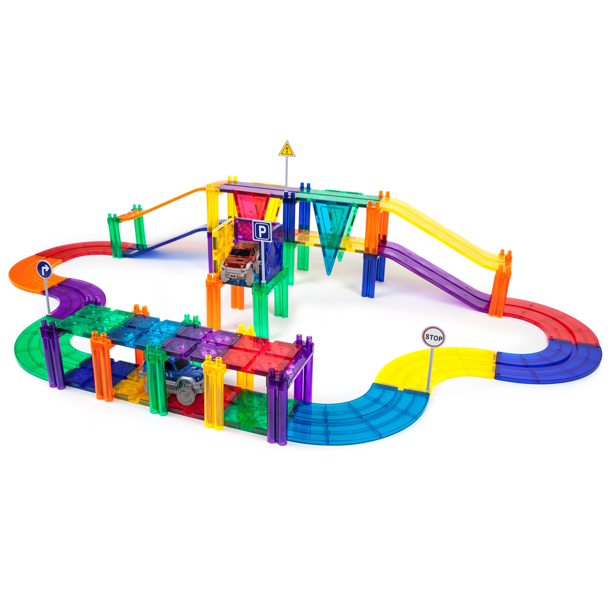 PicassoTiles 50-Pcs Race Car Track Building Block Educational Toy Set. Magnetic Tiles DIY Playset with 2 Light Up Cars