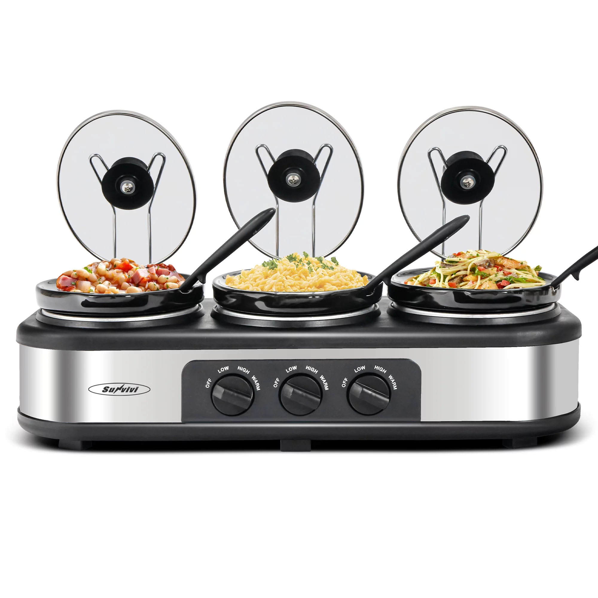 Royalcraft Triple Slow Cooker with 3 Spoons. 3 Pots 1.5 Quart Oval Crockpot Food Warmer Buffet Server