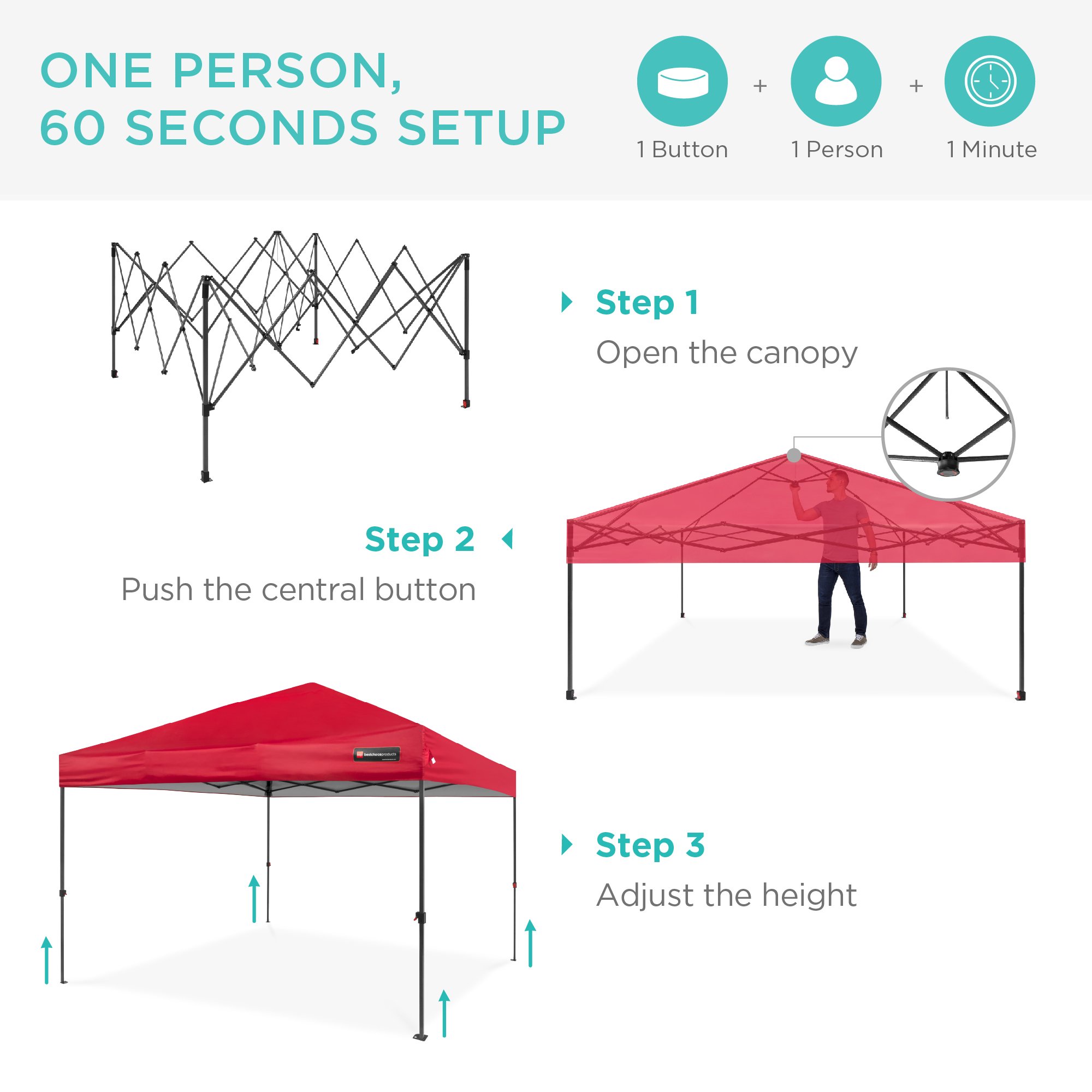 Best Choice Products 10x10ft Easy Setup Pop Up Canopy. Instant Portable Tent w/ 1-Button Push. Wheeled Carry Case. Red