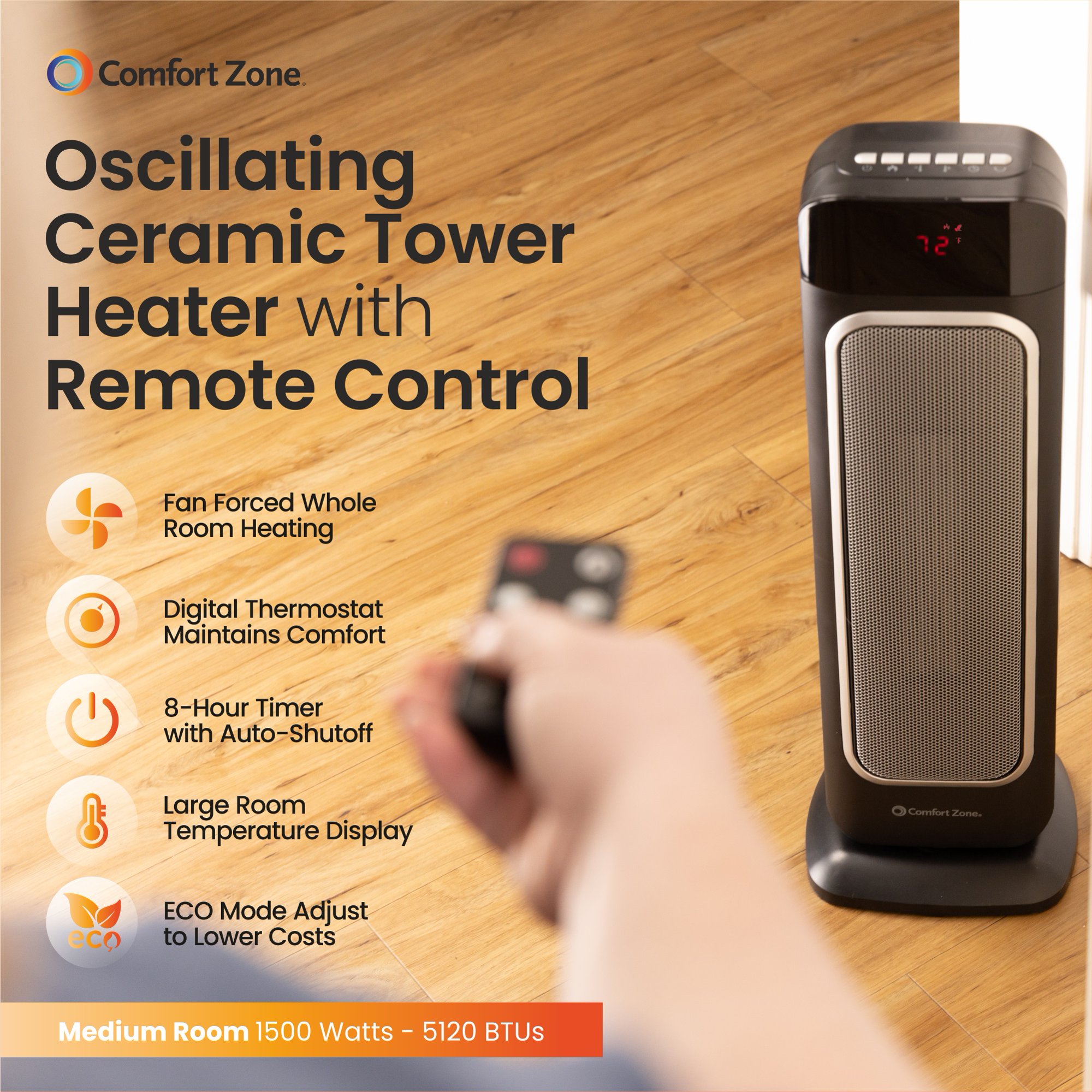Comfort Zone 1500W. Electric. Oscillating Tower Heater W/Remote. Digital Display. Black