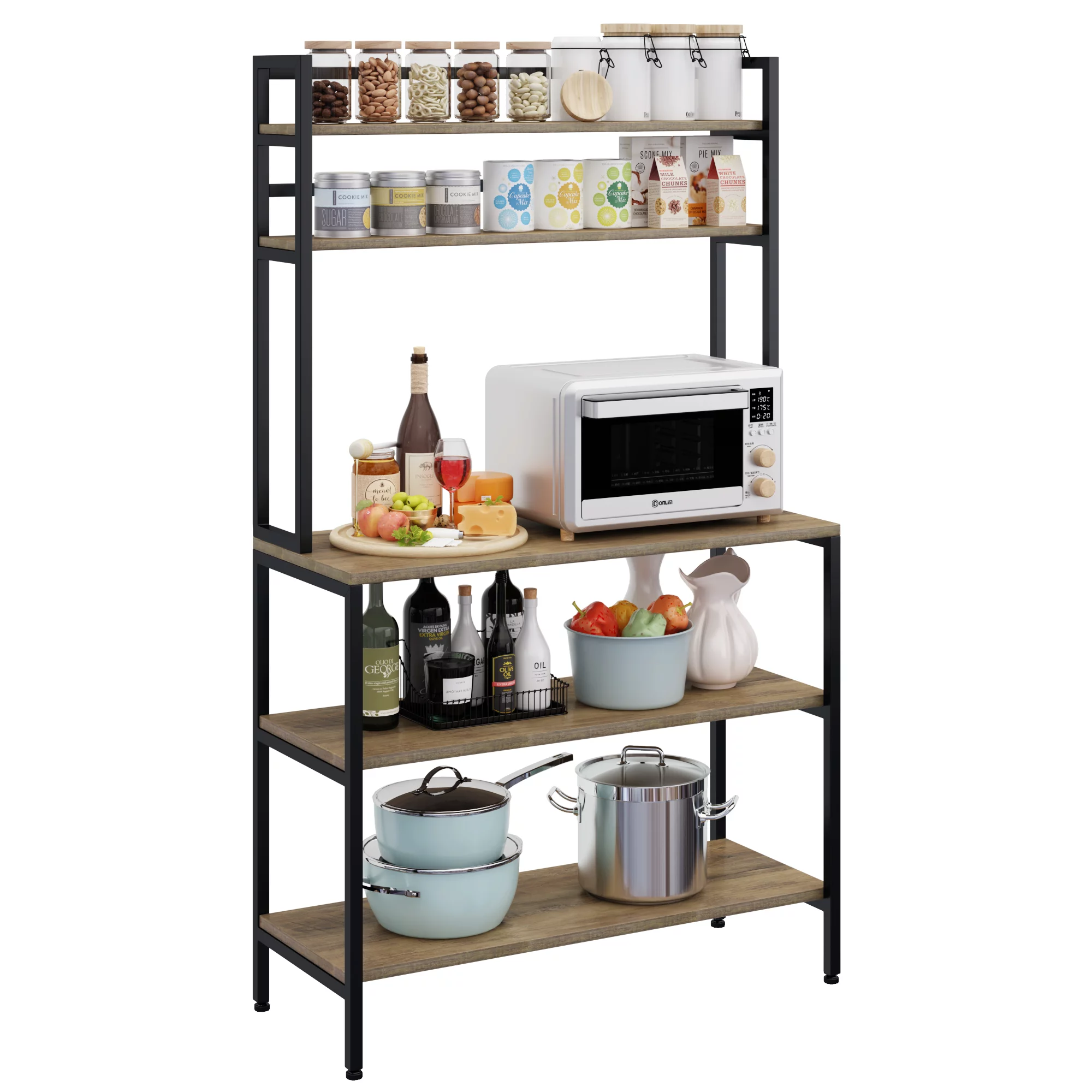 Homfa 5-Tier Kitchen Hutch. Microwave Oven Stand with Metal Frame. Wood Storage Shelf. Rustic Brown Finish