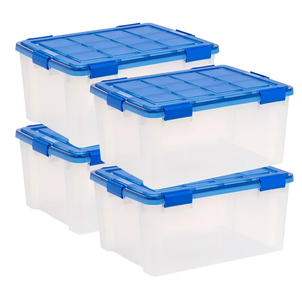 Iris USA. 60 Quart WeatherPro Gasket Clear Plastic Storage Box with Lid. Blue. Set of 4
