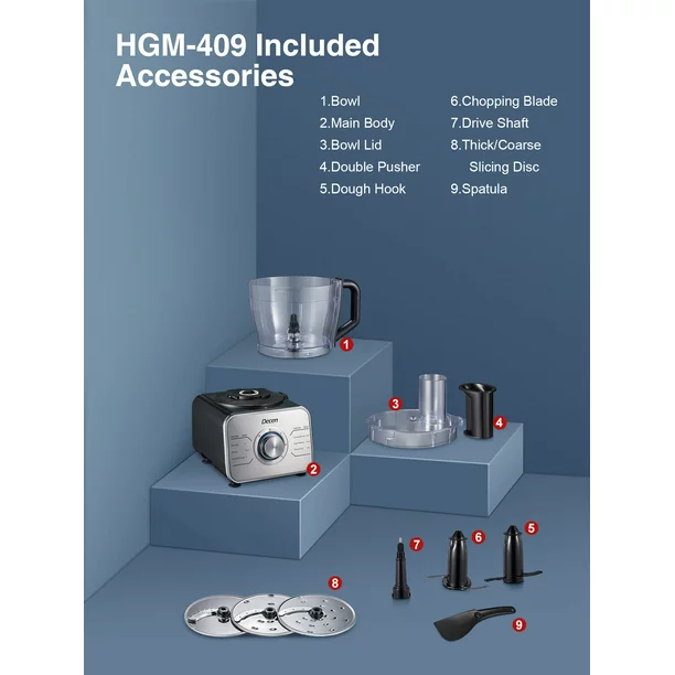 Decen Food Processor. 12 Cup Vegetable Chopper. 3 Speeds 6 Main Functions with Chopper Blade. Silver