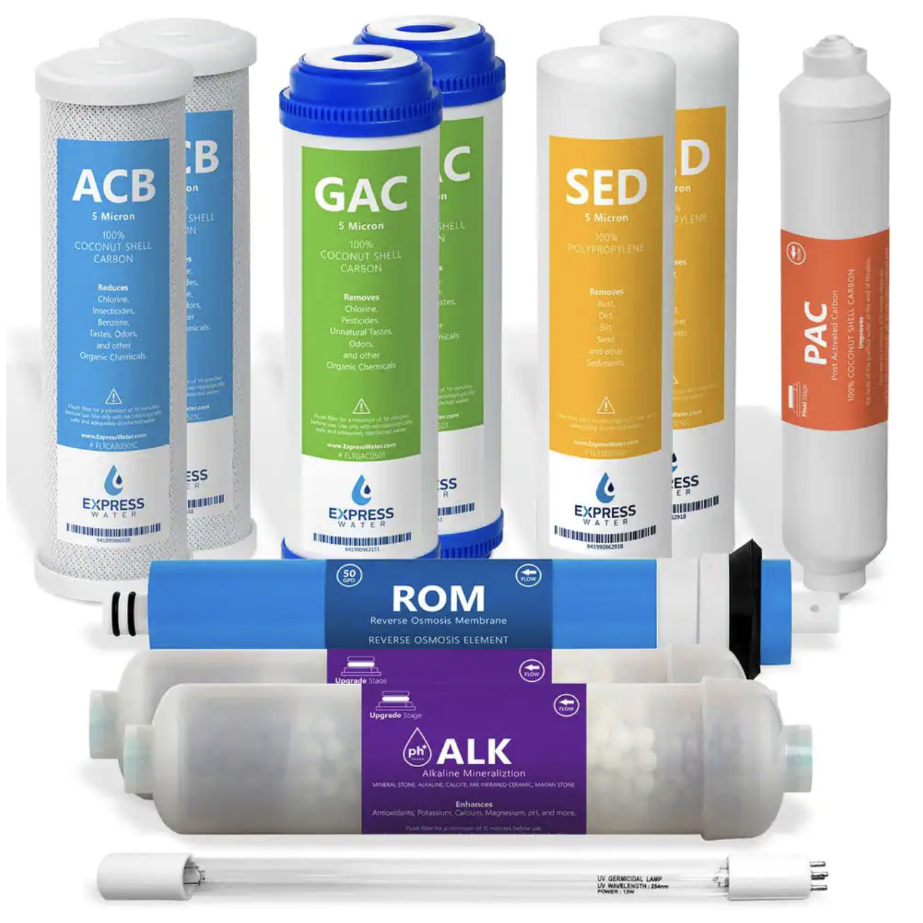Express Water 1-Year Reverse Osmosis System Filter Set. 11 Filters with 50 GPD RO Membrane - 10 in. Size
