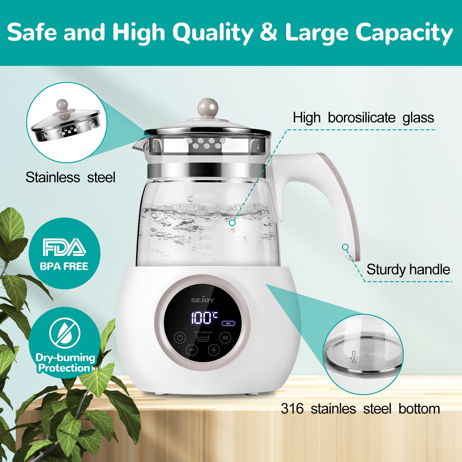 Sejoy 1.2L Instant Electric Hot Water Kettle. Baby Bottle Warmer with Smart Temperature Control
