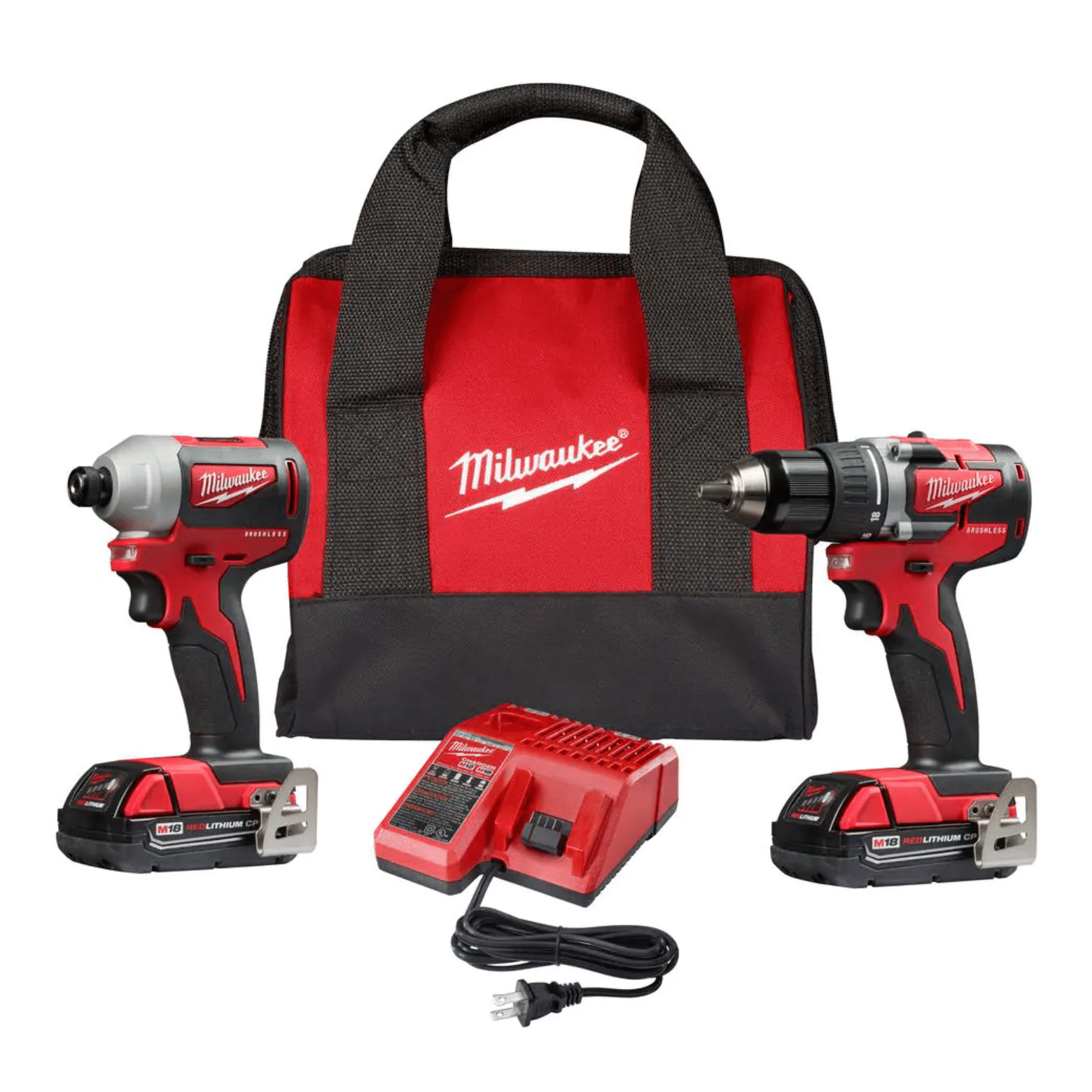 Milwaukee M18 18V Lithium-Ion Brushless Cordless Compact Drill/Impact Combo Kit (2-Tool) W/ (2) 2.0Ah Batteries. Charger & Bag (2892-22CT)