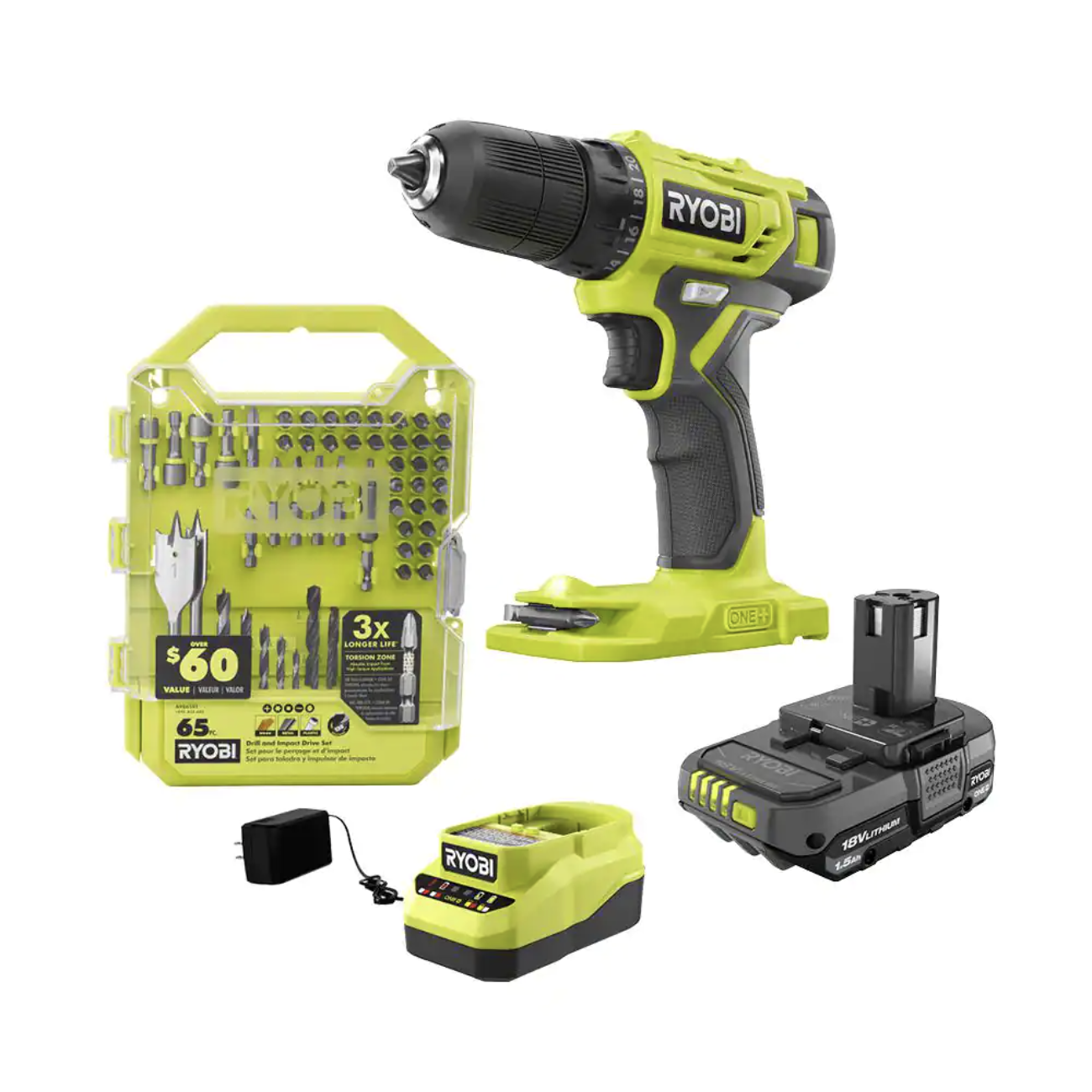 Ryobi One+ 18V Cordless 3/8 in. Drill/Driver Kit with 1.5 Ah Battery. Charger. and Drill and Drive Kit (65-Piece)