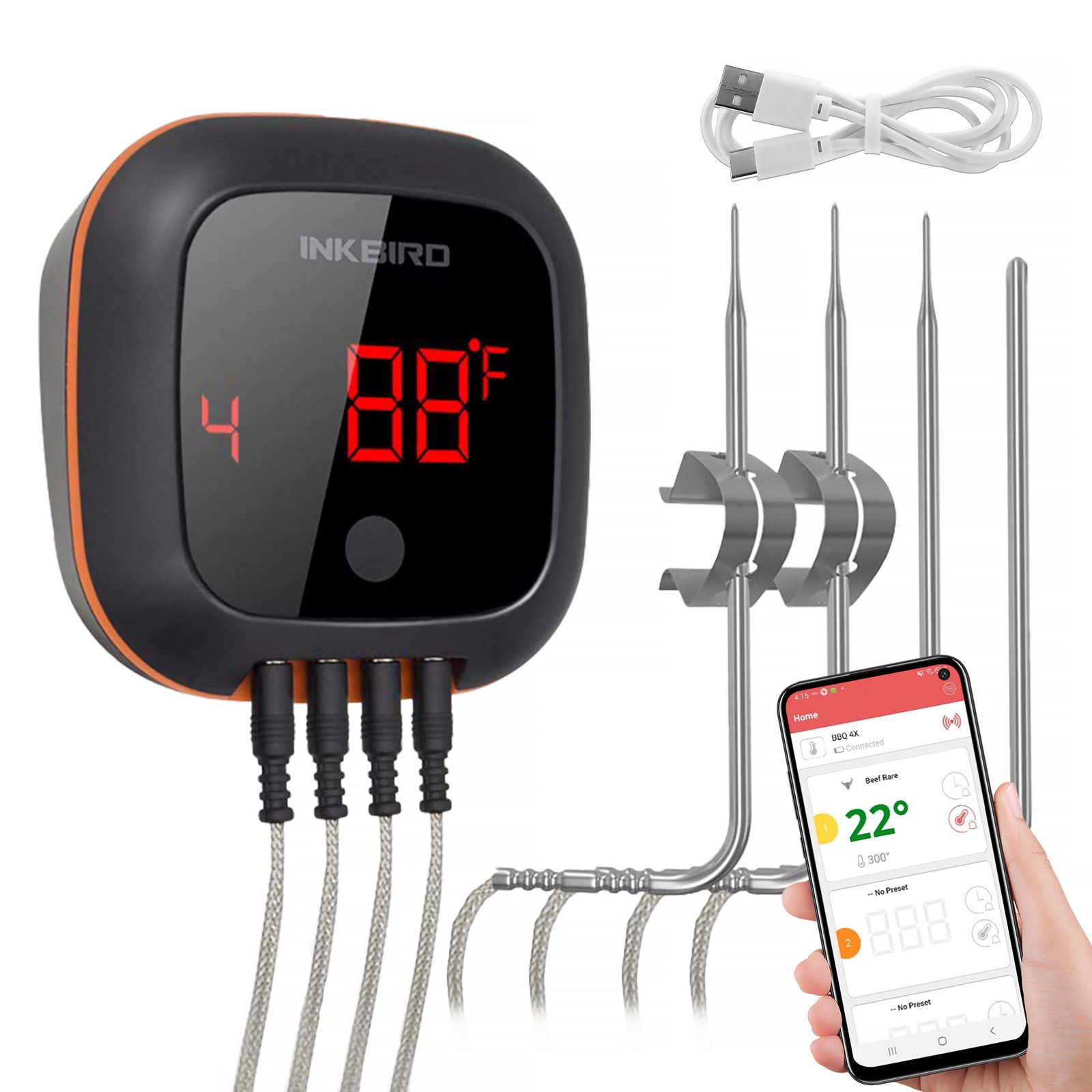 Inkbird Bluetooth Grill BBQ Meat Thermometer with 4 Probes Digital Wireless Grill Thermometer