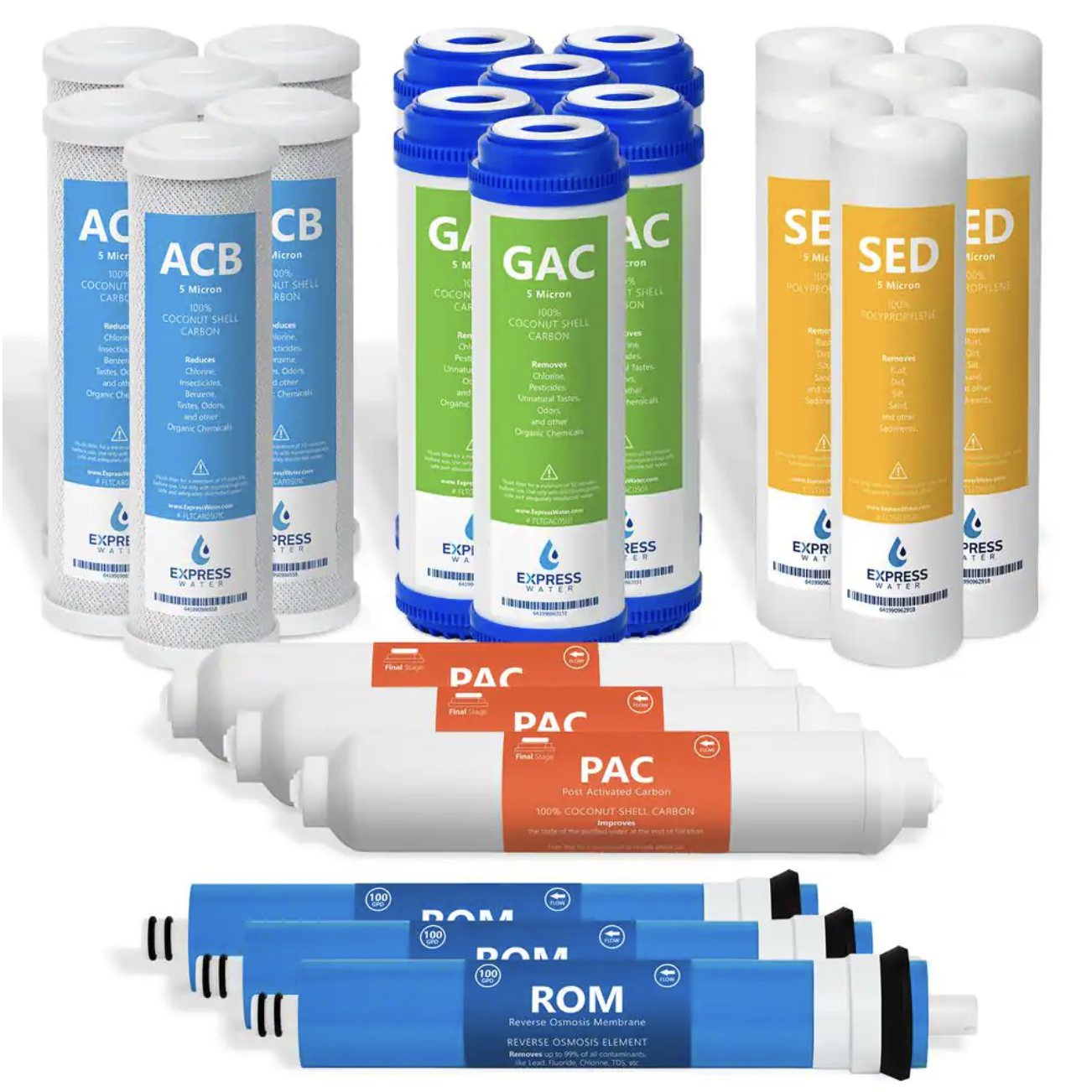 Express Water 3 Year Reverse Osmosis System Replacement Filter Set. 24 Filters with 100 GPD RO Membrane - 10 in Size