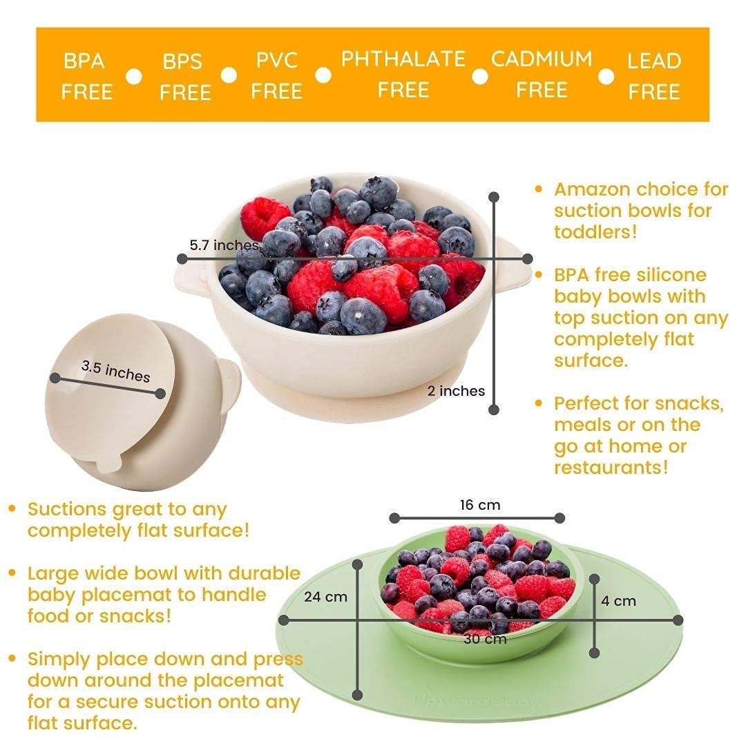 UpwardBaby Led Weaning Supplies - Suction Bowls & Plates - Green. Grey. Beige