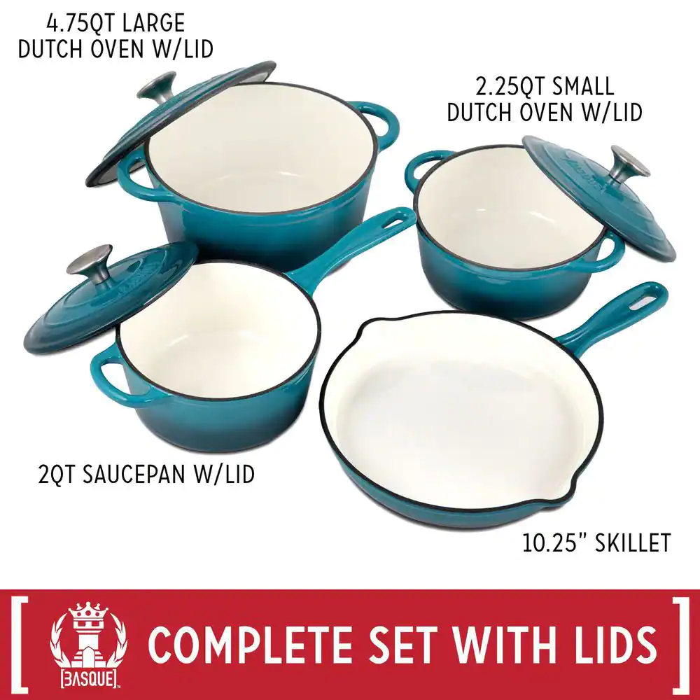 Basque 7-Piece Enameled Cast Iron Nonstick Cookware Set in Biscay Blue