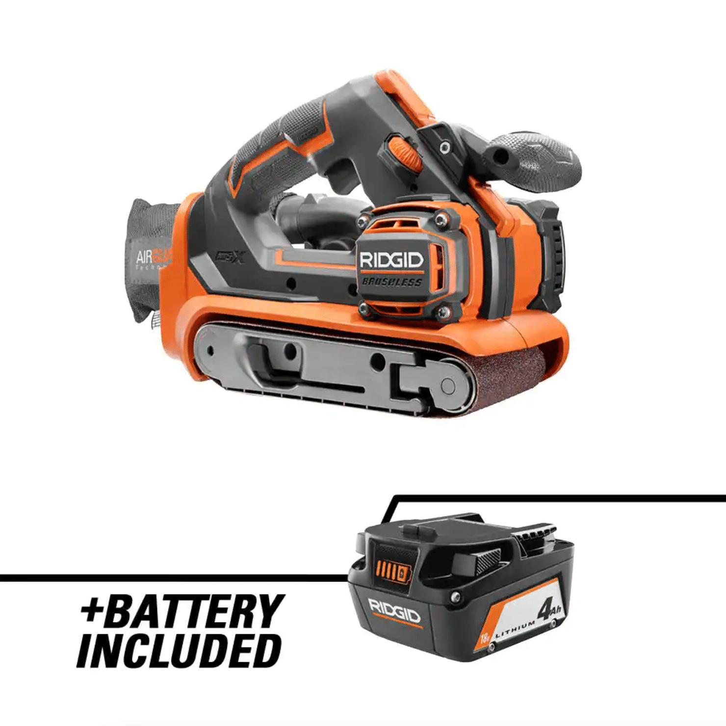 Ridgid 18V Brushless Cordless 3 in. x 18 in. Belt Sander with Dust Bag. Sanding Belt & 18V Lithium-Ion 4.0 Ah Battery (R86065B-AC87004)