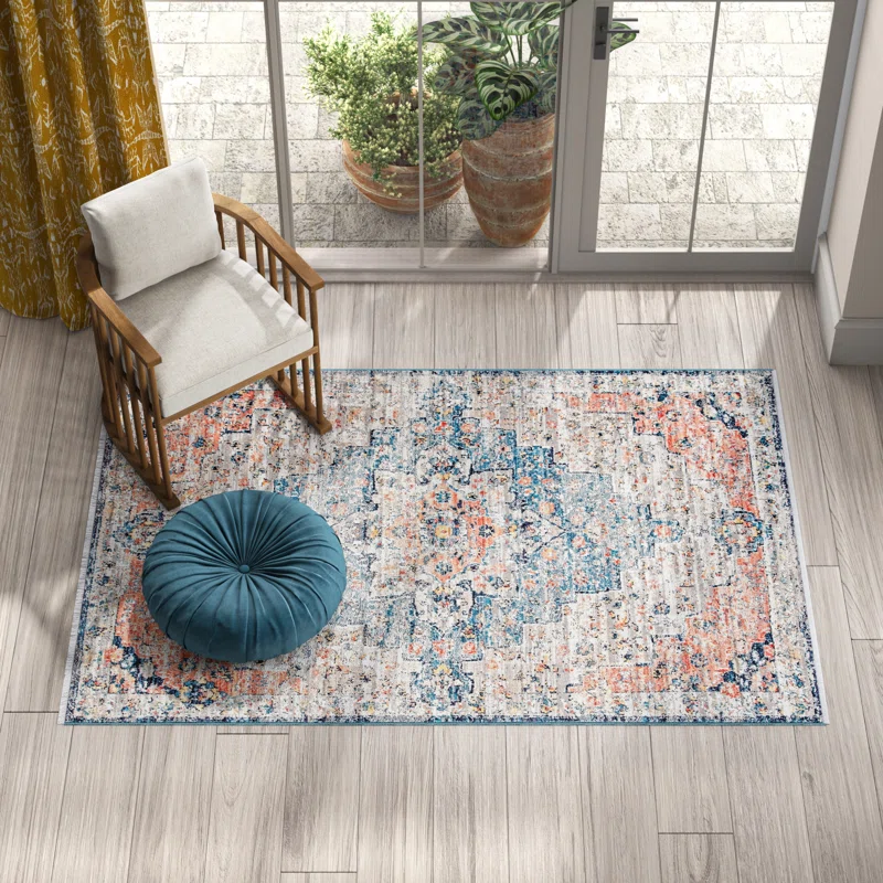 Bungalow Rose Deja Traditional Power Loom Performance Coral/ Navy Rug. Rectangle 12′ x 16′ 4″