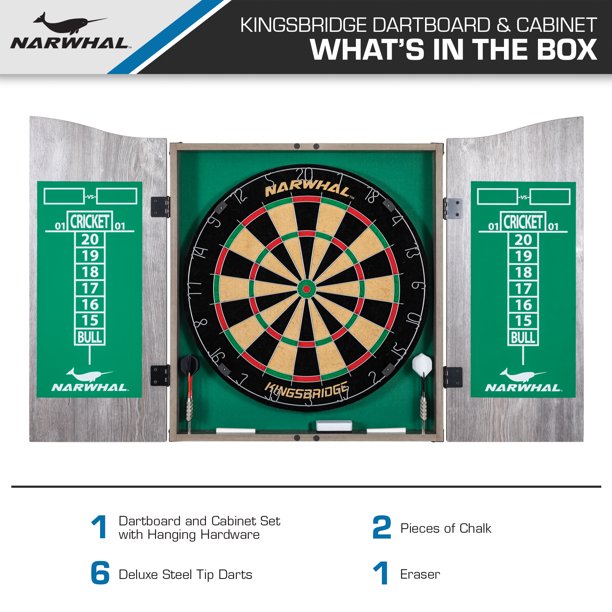 Narwhal Kingsbridge Dartboard and Cabinet Set. Official 18 in Dartboard And 6 Steel Tip Darts