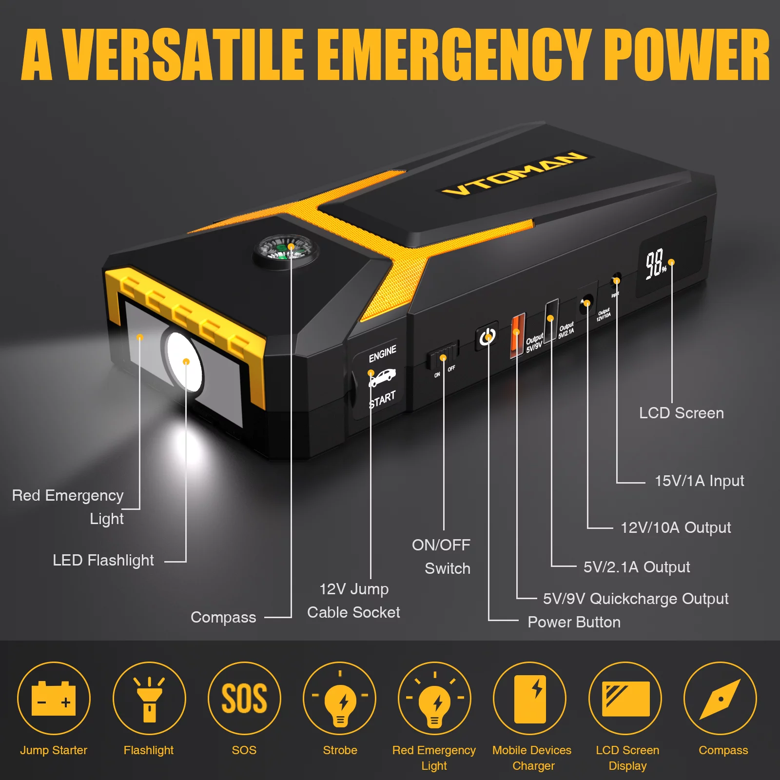 VTOMAN V8 2000A Peak Portable Car Jump Starter. 12V Auto Battery Booster Pack with LCD Display. Yellow