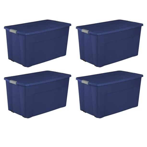 Sterilite 45 Gallon Wheeled Latch Tote Plastic. Stadium Blue. Set of 4