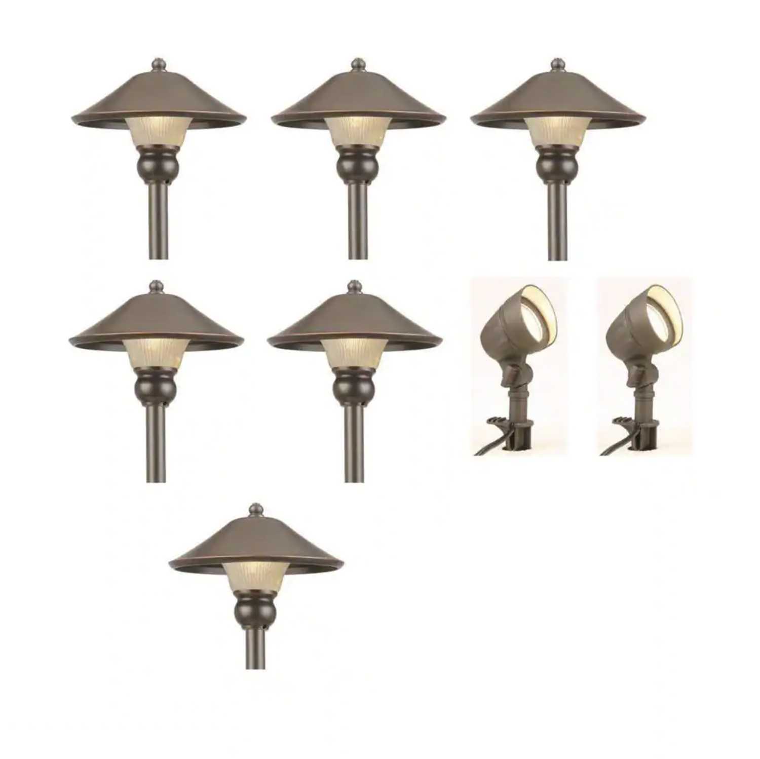 Hampton Bay Low-Voltage Bronze Outdoor Integrated LED Landscape Path Light and Flood Light Kit. 8-Pack