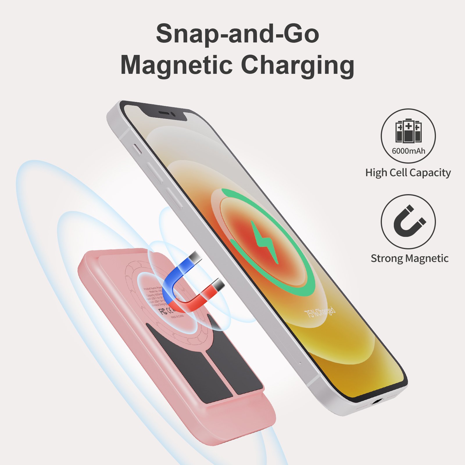 iWALK Magnetic Wireless Charger Power Bank 6000mAh. Compatible with New iphone 14/14 Plus. iphone 14 Series. Pink