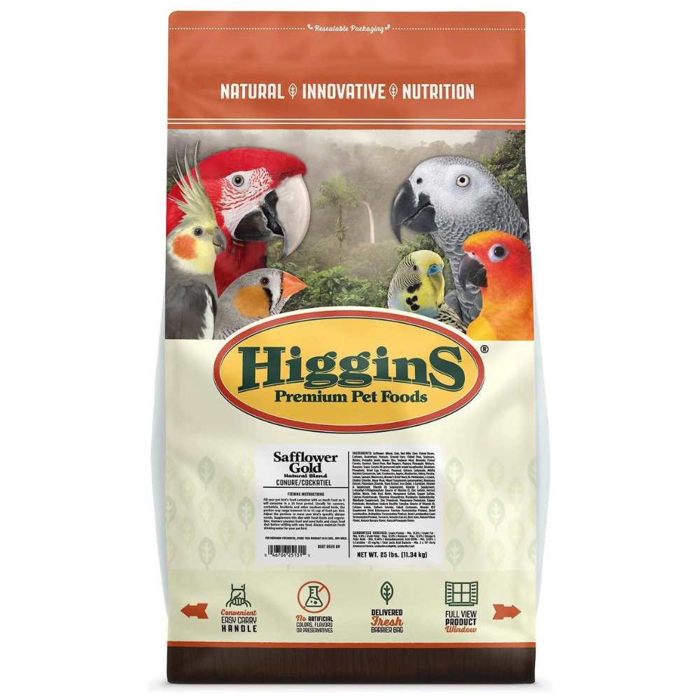 Higgins Safflower Gold Natural Mix Conure & Cockatiel Food. 25-lb bag
