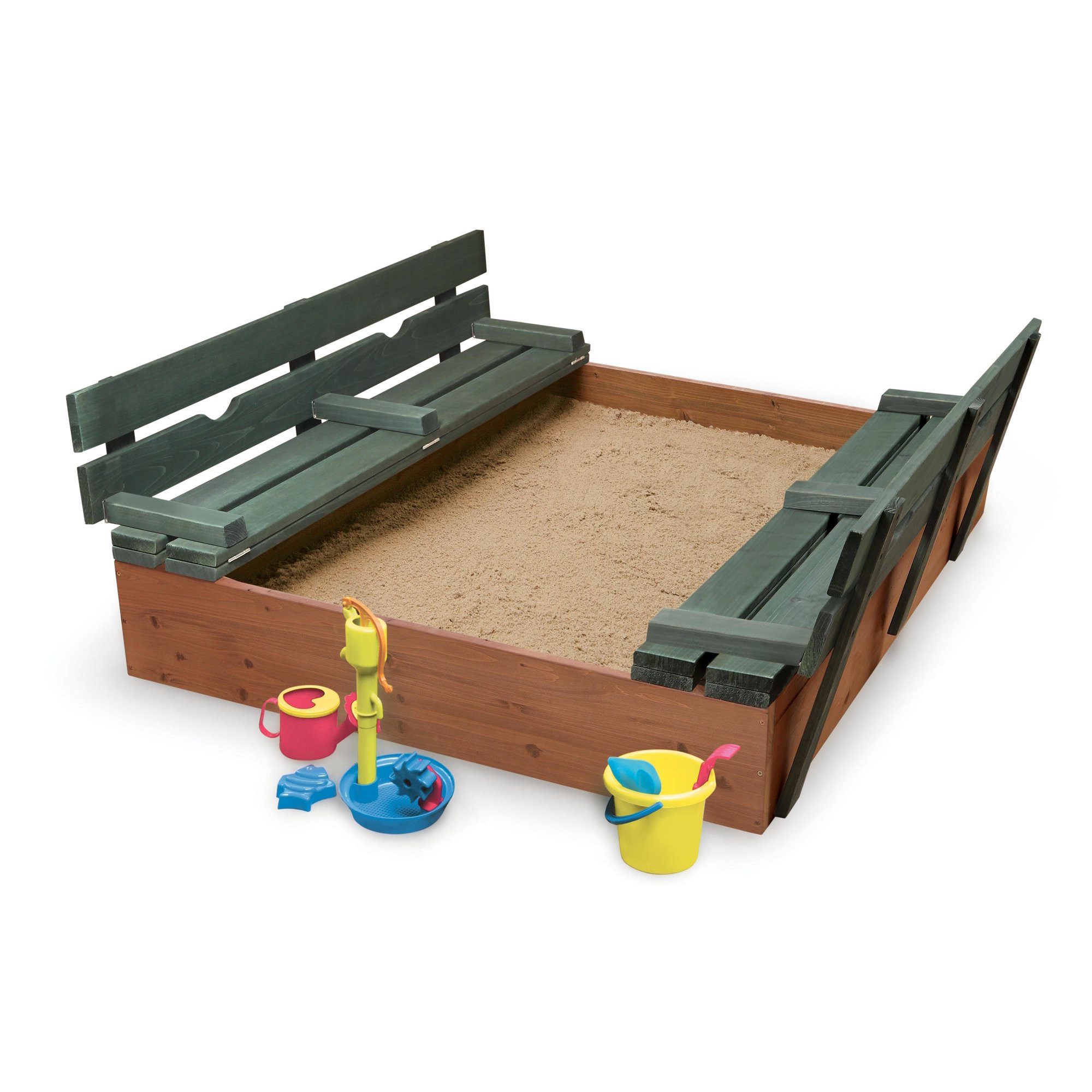 Badger Basket Covered Convertible Cedar Sandbox with Two Bench Seats. Natural/Green