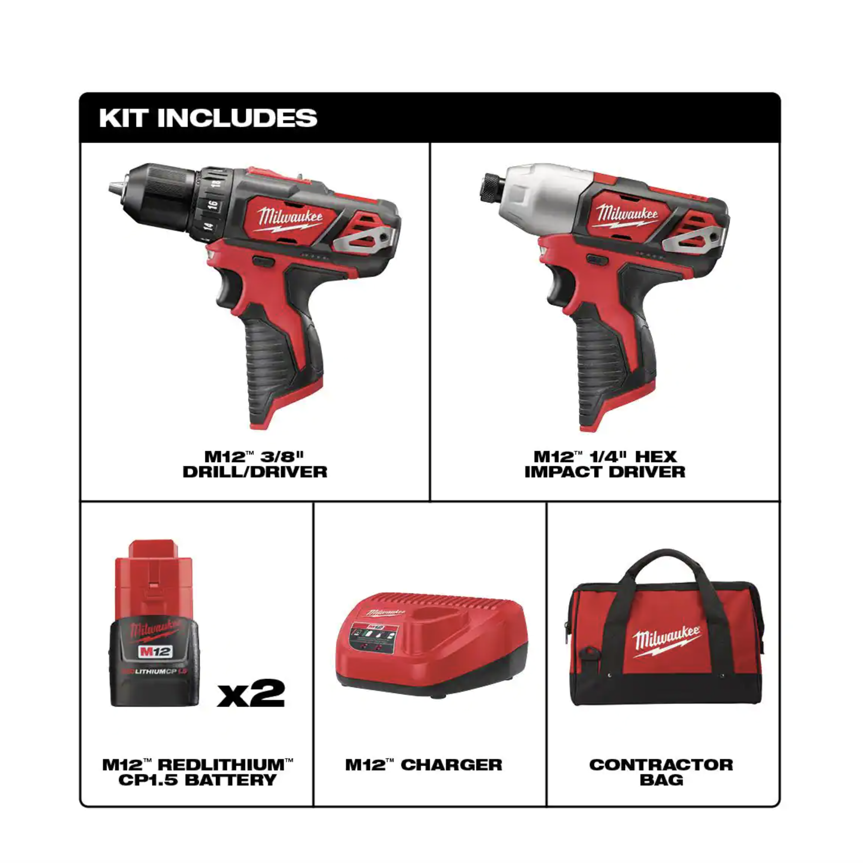 Milwaukee M12 12V Lithium-Ion Cordless Drill Driver/Impact Driver Combo Kit w/ Two 1.5Ah Batteries. Charger Tool Bag (2-Tool)