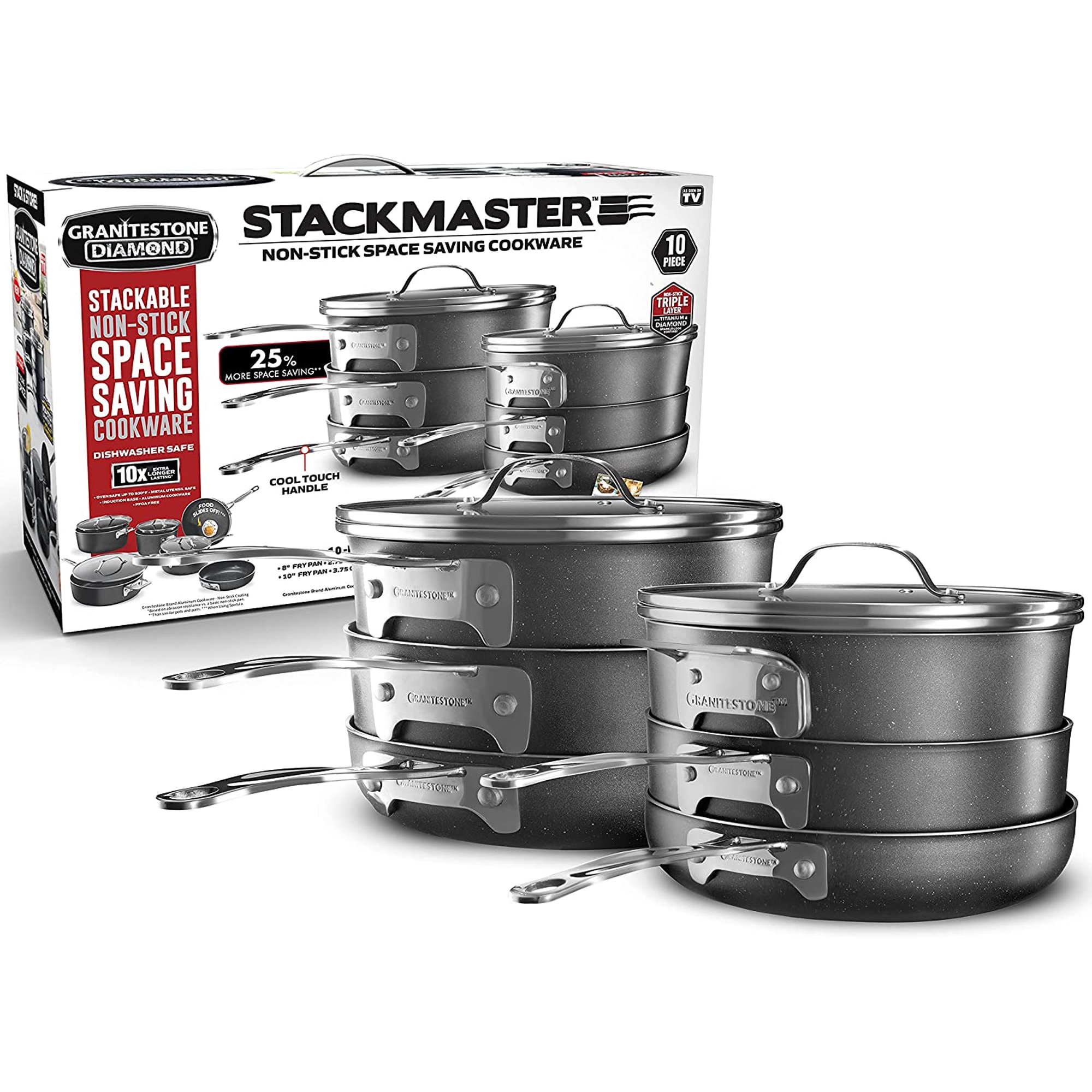 Granitestone Stackmaster Nonstick Pots and Pans Set. 10 Piece Complete Cookware Set