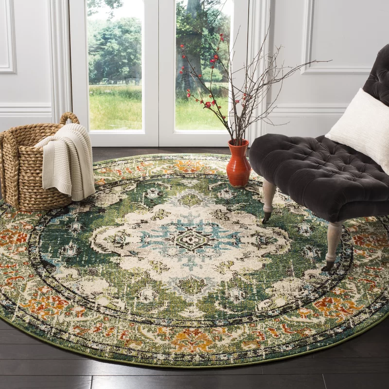 Mistana Indira Machine Woven / Power Loomed Performance Forest Green Rug. Round 11′