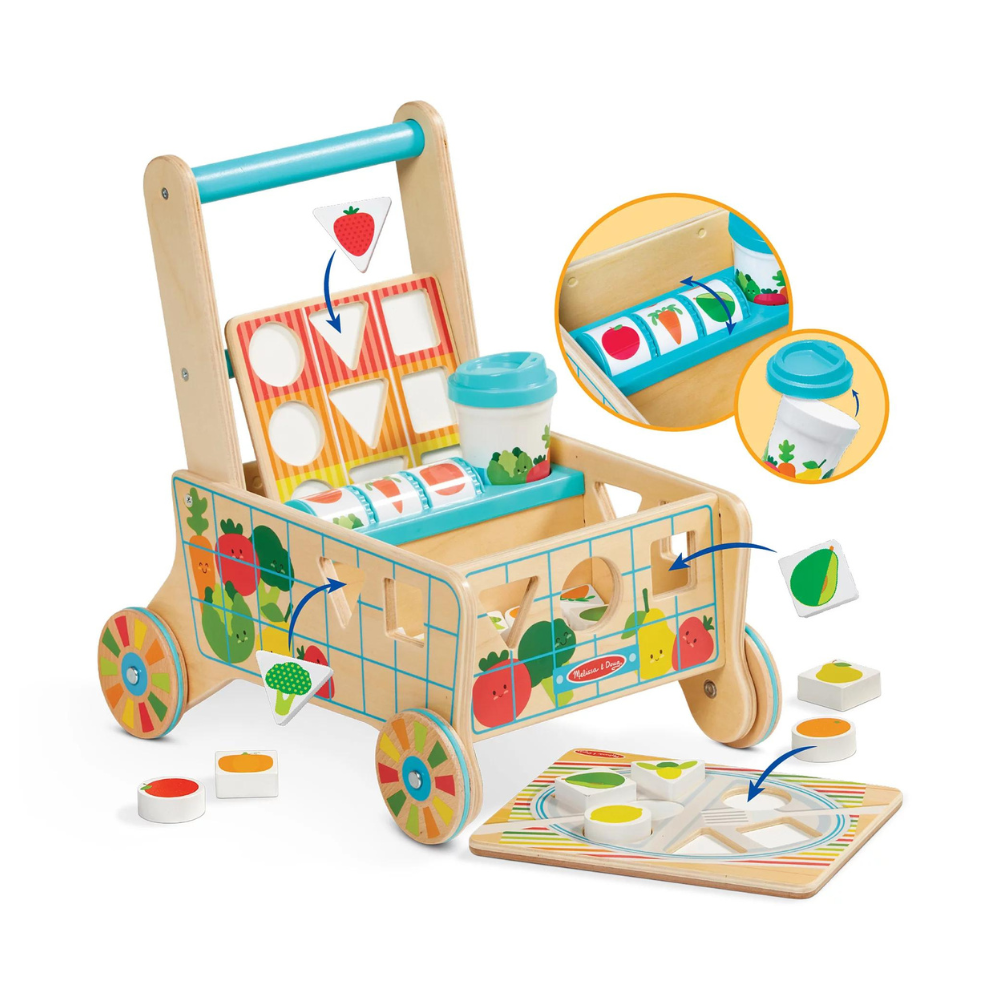 Melissa & Doug Wooden Shape Sorting Grocery Cart Push Toy and Puzzles