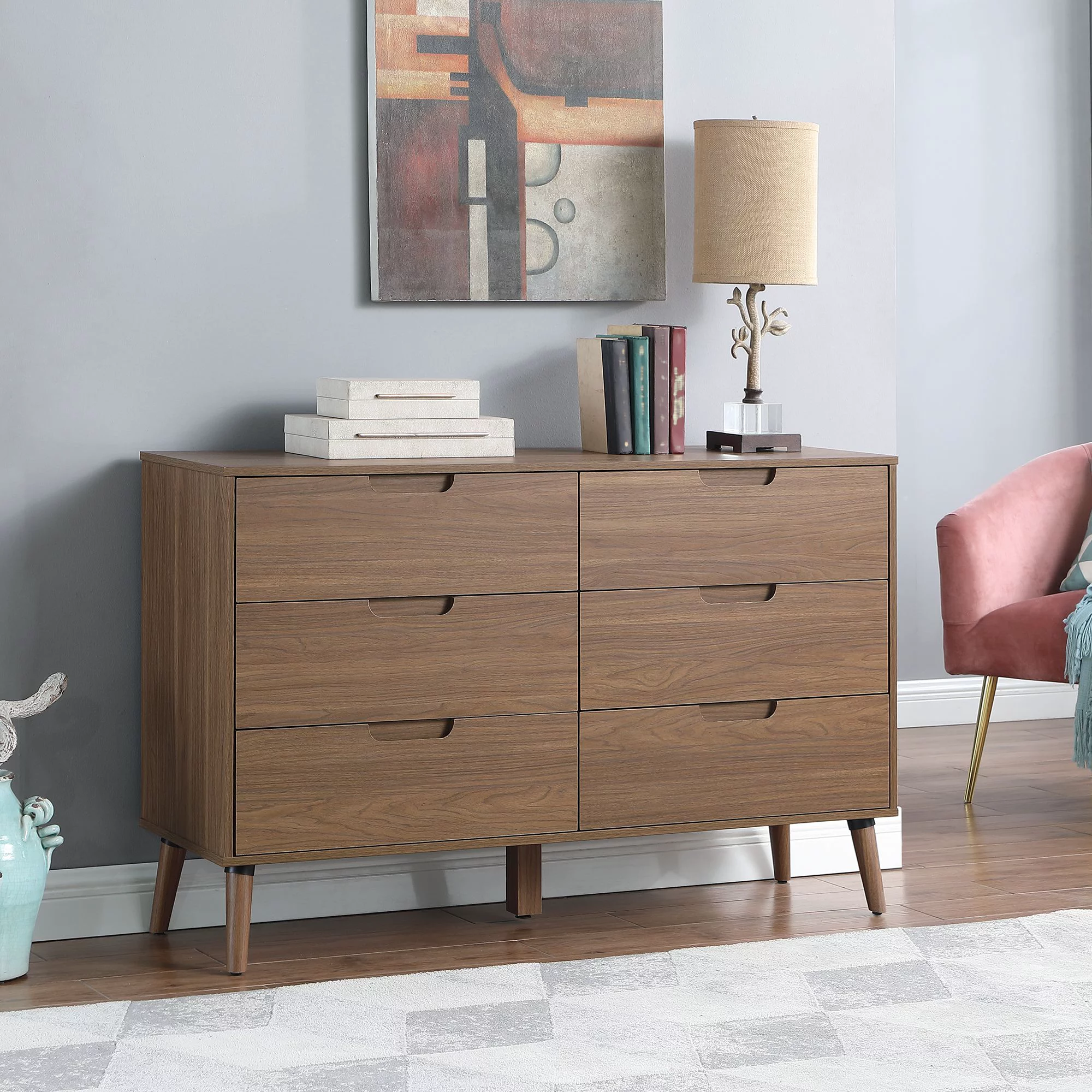 Mainstays Modern 6 Drawer Dresser. Bedroom. Brown Walnut