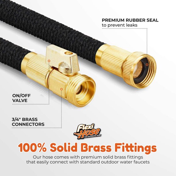 Flexi Hose Upgraded Expandable 50 FT Garden Hose. Extra Strength. 3/4″ Solid Brass Fittings. Black