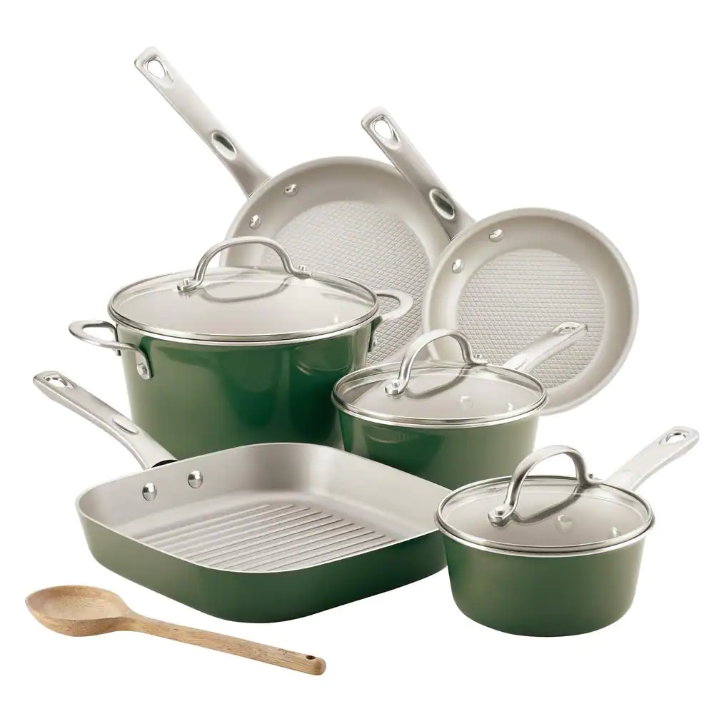 Ayesha Curry Ayesha Home Collection Porcelain Enamel Nonstick Cookware Set. 10-Piece. Basil Green