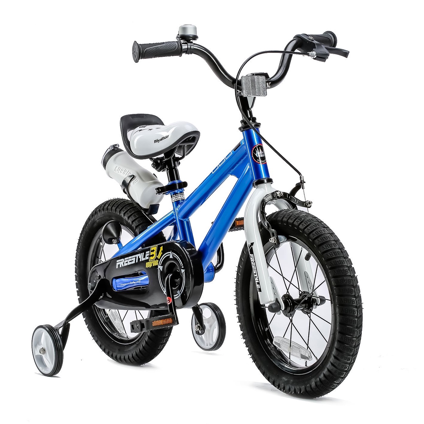 Royalbaby Freestyle 14 In. Kids Bike with Training Wheels and Water Bottle. Blue